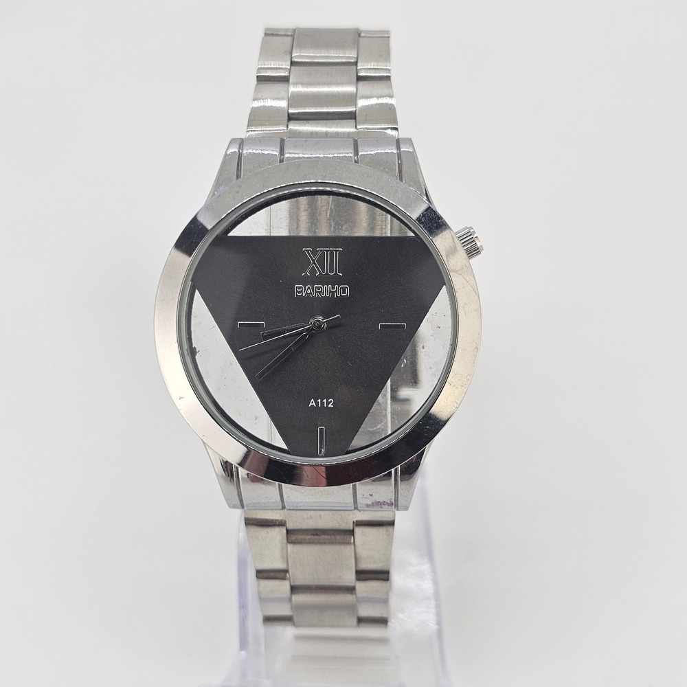 Men's Analog Watch 40MM Black Triangle Dial Gray Bracelet Band 7.50" New Battery